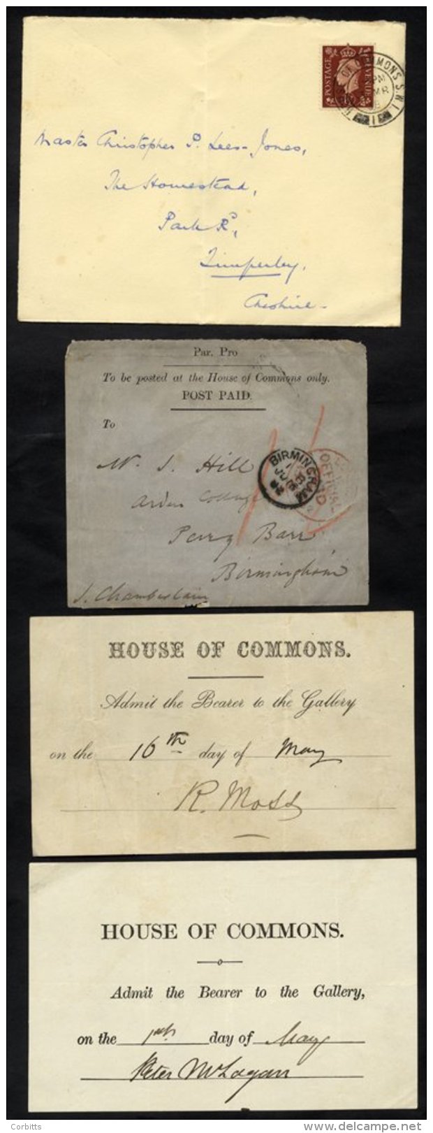 HOUSE OF COMMONS 1866-1955 Selection Of 11 Items Incl. 1882 Par Pro Post Paid Front, Various Crests On Envelopes Incl. O - Other & Unclassified