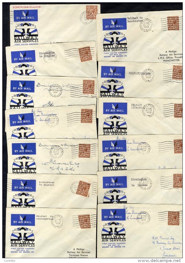1934 RAILWAY AIR SERVICE Official Illustrated First Flight Covers (70), All Bear 1&frac12;d KGV Frankings, Various Route - Other & Unclassified