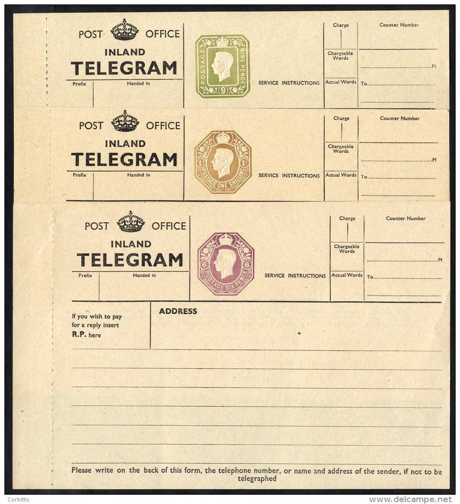 KGVI Telegraph Forms 6d, 9d &amp; 1s Dies TP26 (Cat. &pound;75), TP27 (Cat. &pound;150), TP28 (Cat. &pound;75), VF. (3) - Sonstige & Ohne Zuordnung