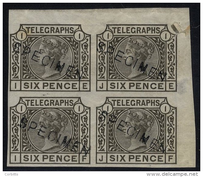 1877 6d Grey IMPERFORATE Corner Marginal Block Of Four Optd SPECIMEN, Corner Marginal Fault &amp; A Couple Of Small Thin - Sonstige & Ohne Zuordnung