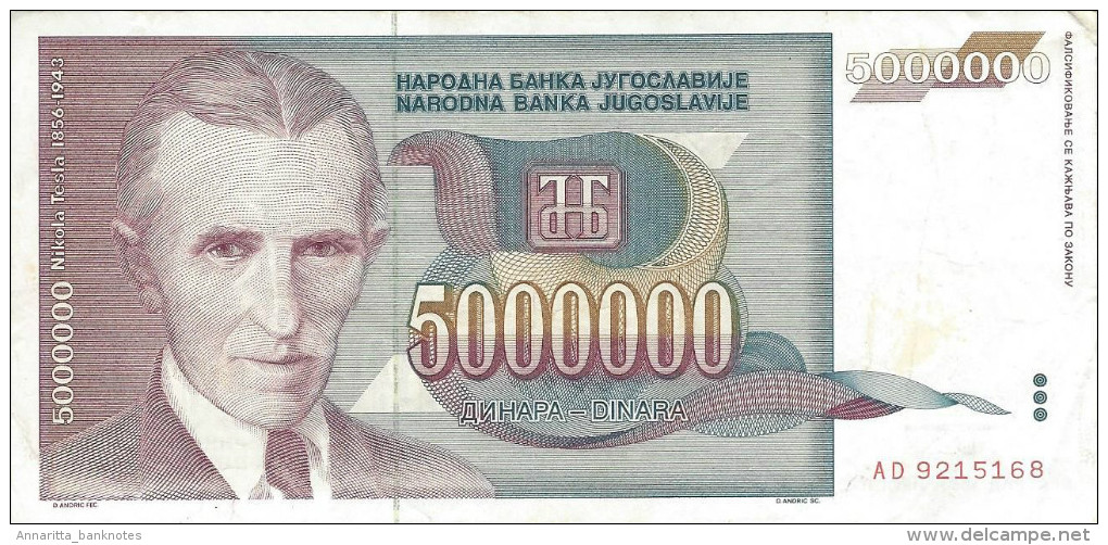 YUGOSLAVIA 5000000 DINARA 1993 P-121 VF/XF  [ YU121circ ] - Joegoslavië