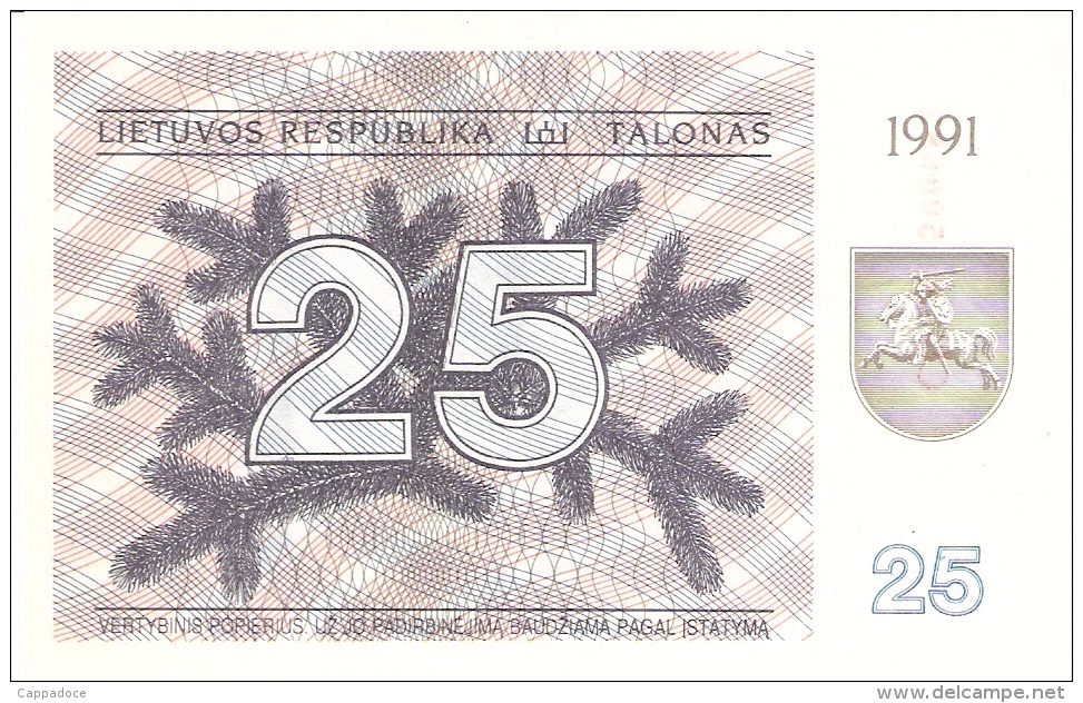 LITUANIE   25 (Talonas)   1991   P. 36b   UNC - Lithuania