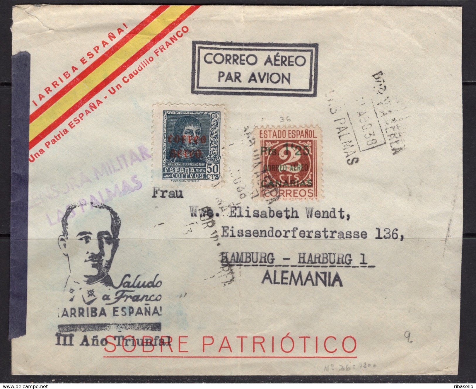 España 1938. Canarias. Carta De Las Palmas A Hamburgo. Censura. - Marcas De Censura Nacional