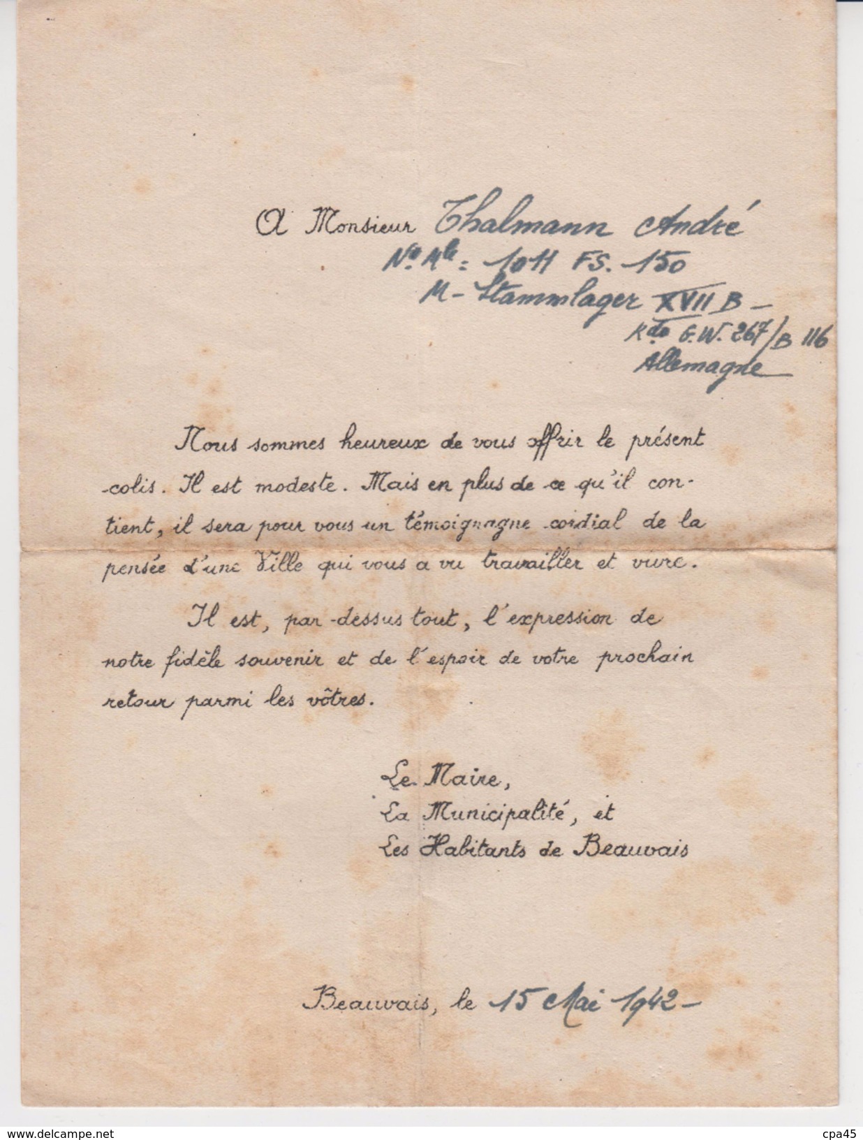 60 BEAUVAIS /1942 Lettre Accompagnant L'envoi D'un Colis Par La Mairie à Un Prisonnier De Guerre En Allemagne / Stalag - Historical Documents