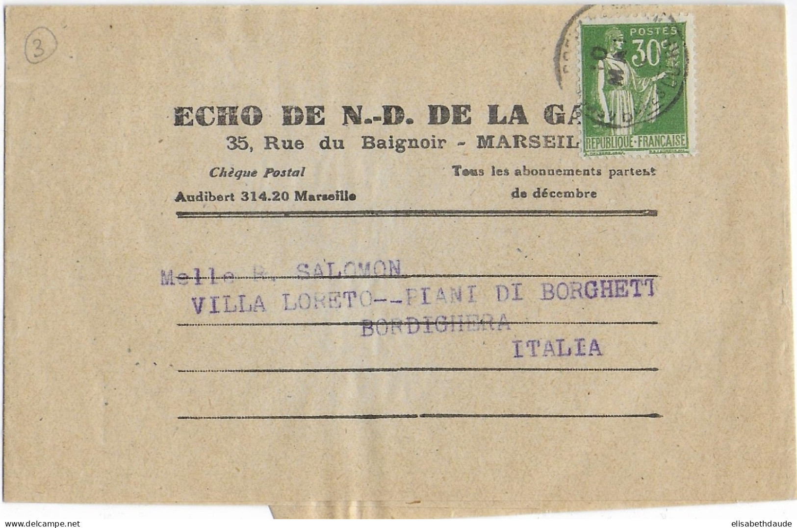 1933 ENV. - 30c PAIX YT N° 280 SEUL Sur BANDE JOURNAL De MARSEILLE => BORDIGHERA (ITALIE) ! - 1932-39 Paz