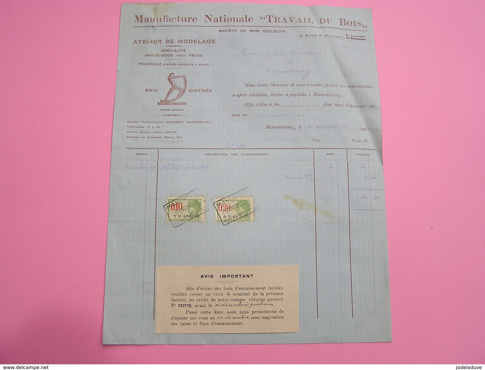 MANUFACTURE NATIONALE TRAVAIL DU BOIS Manubois Modelage Bois Menuiserie Mariembourg Facture Année 1930 Timbres Fiscaux - Petits Métiers