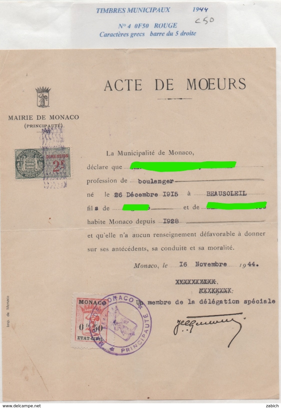 TIMBRES FISCAUX DE MONACO TIMBRE ETAT CIVIL MAIRIE DE MONACO N°4    0F50 Rouge Caractere Romains - Revenue