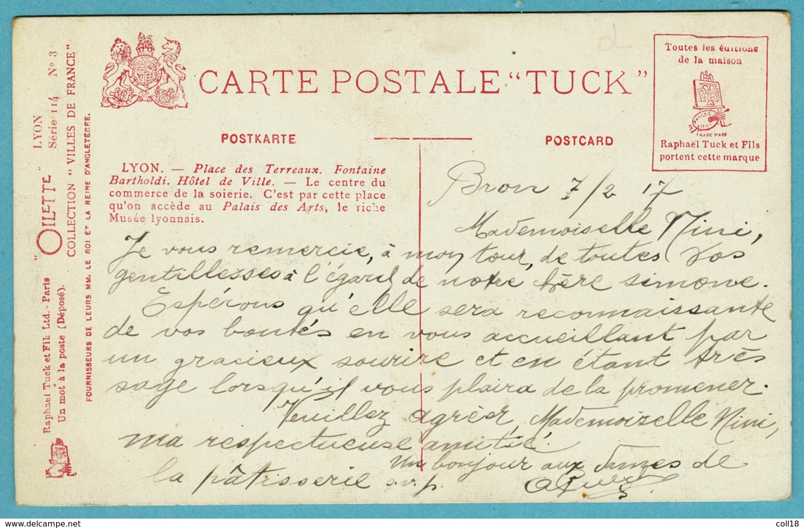 CPA  69 LYON Fontaine Bartholdi ( Editeur TUCK ) - Other & Unclassified