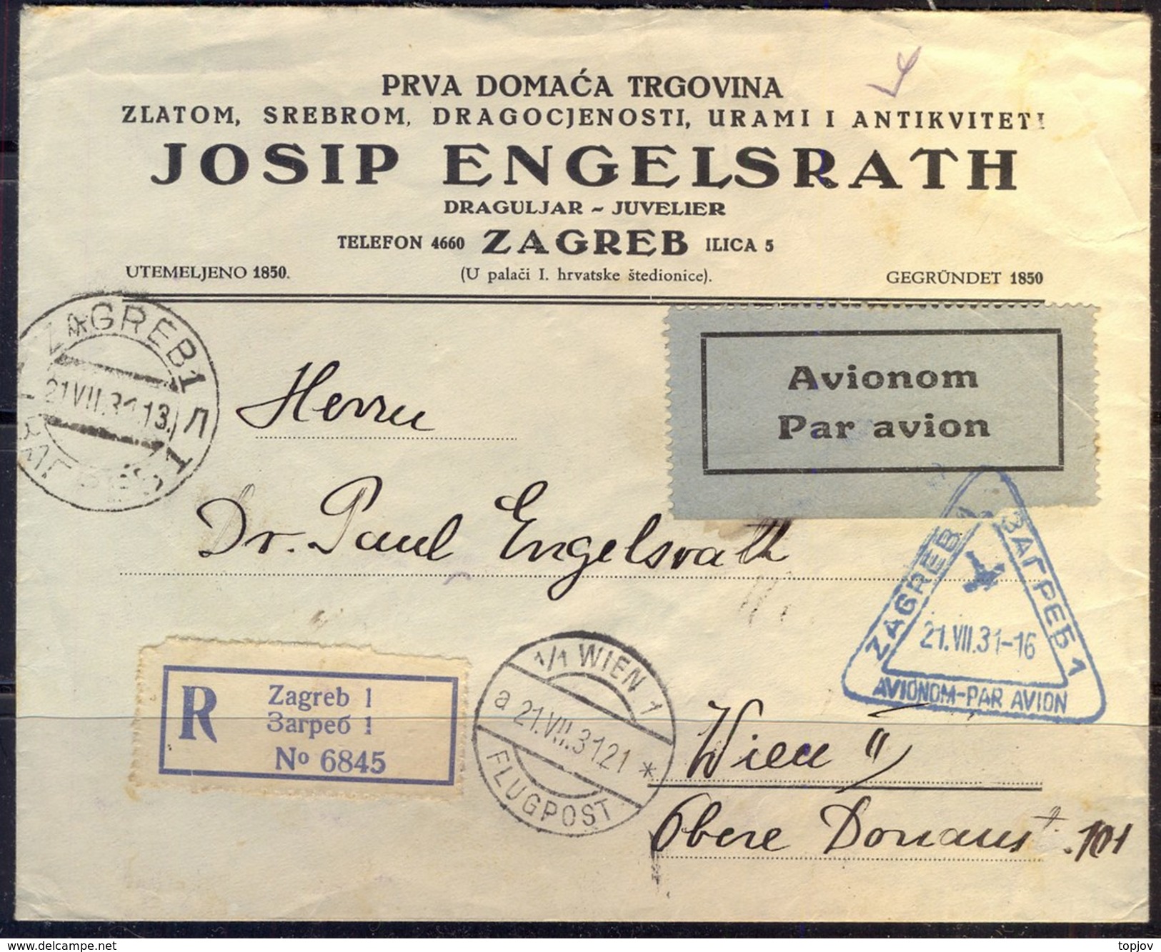 YUGOSLAVIA  - JUGOSLAVIA  -  RECOM.  AIRMAIL  Letter Zagreb To Wien - 1931 - Airmail