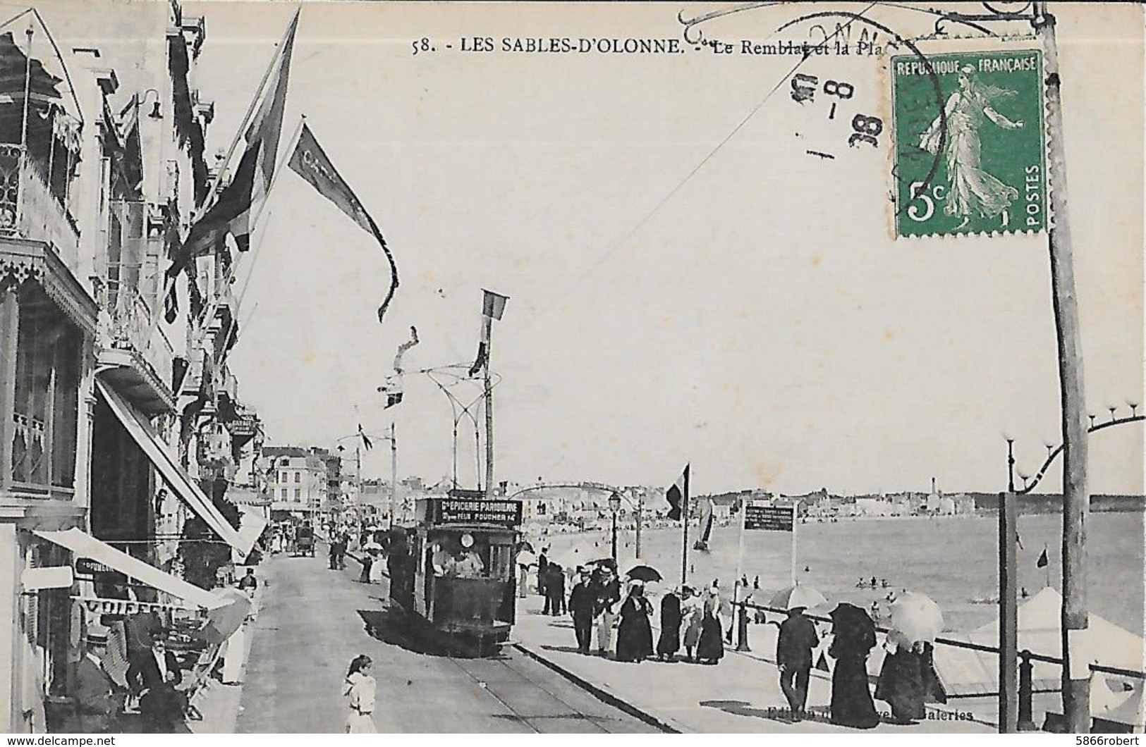 CARTE POSTALE ORIGINALE ANCIENNE : LES SABLES D'OLONNE LE REMBLAI ET LA PLAGE TRAMWAY  ANIMEE  VENDEE (85) - Tramways