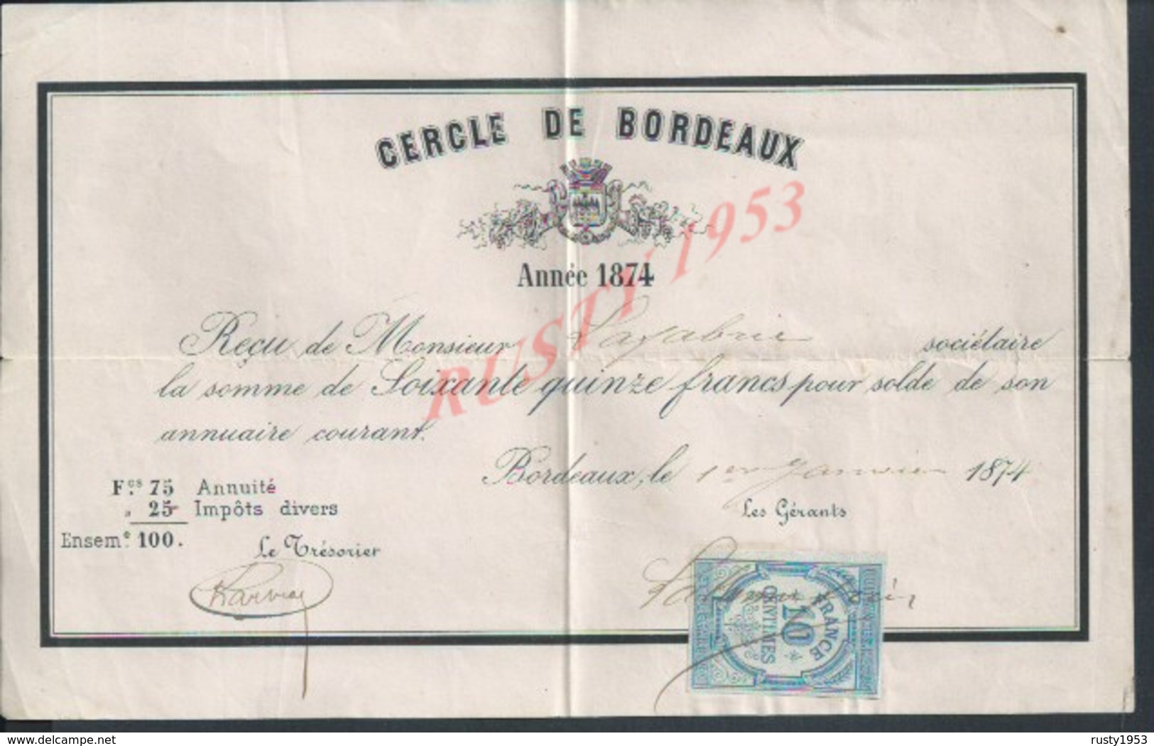 CERCLE DE BORDEAUX AVEC LELLE EN TETE DE 1874 REÇU Mr LASABRIE : - Ohne Zuordnung