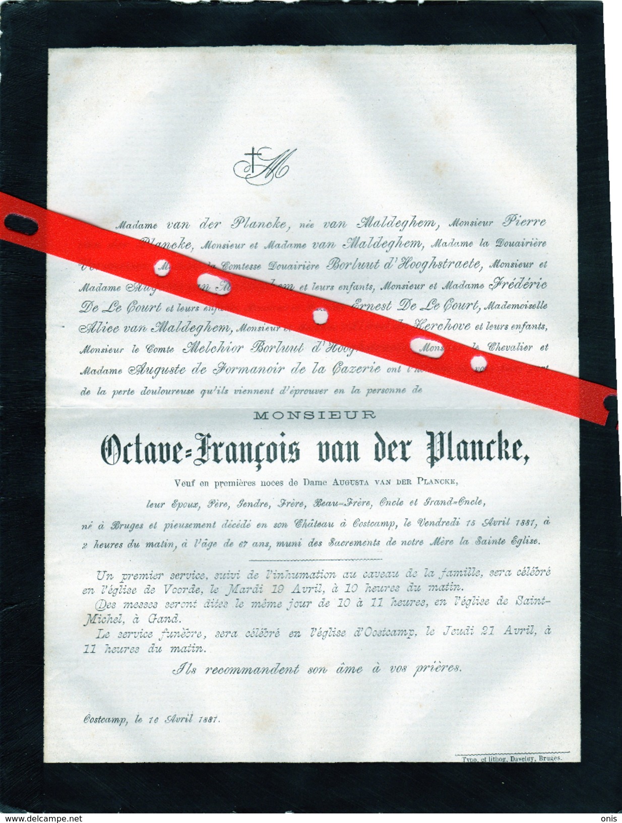 Oostcamp: Décès De Octave  François Van Der PLANCKE -1881. - Décès