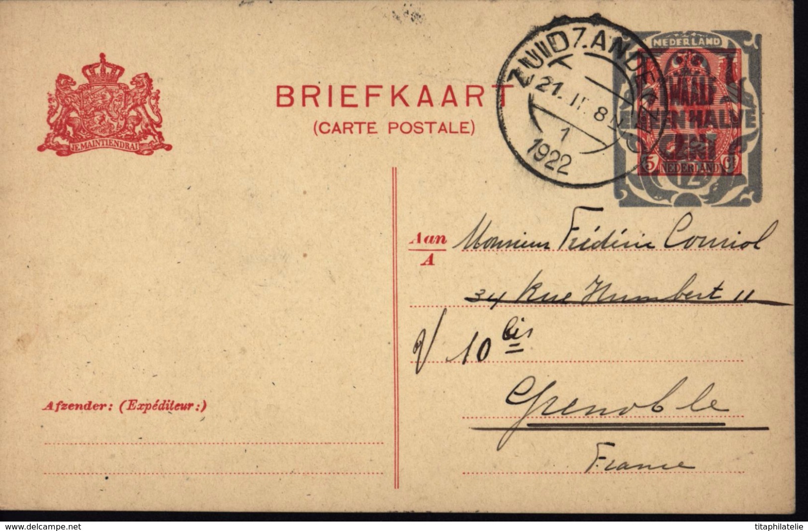 Hollande Pays Bas Entier Rouge Style YT 51 Wilhelmine 5 Cts Surchargé  Nederland Twaalf Eneen Halve Cent 12 - Postal Stationery