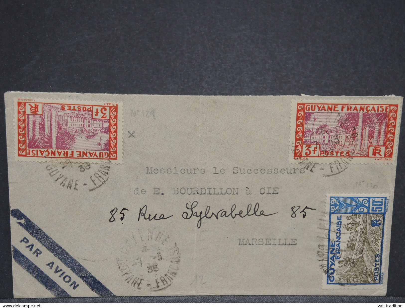 FRANCE / GUYANE - Enveloppe De Cayenne Pour Marseille Par Avion En 1936 , Affranchissement Plaisant - L 6868 - Lettres & Documents