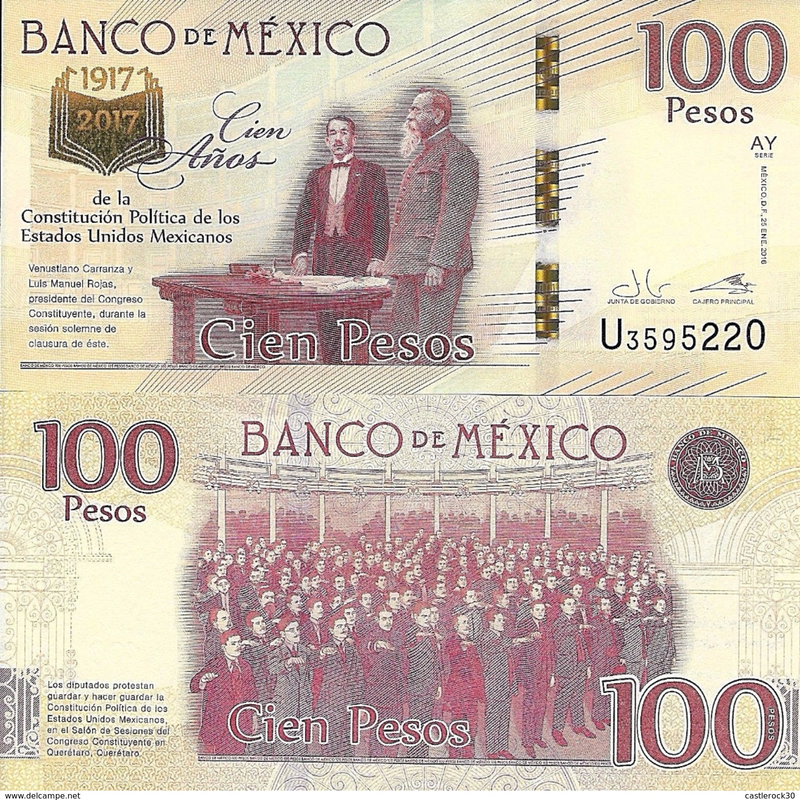 C) MEXICO, 100 PESOS 1917 - 2016 / 2017 P NEW DESIGN 100TH COMM. UNC, 100 YEARS OF CONSTITUTION, CONMMEMORATIVE BANKNOTE - Messico