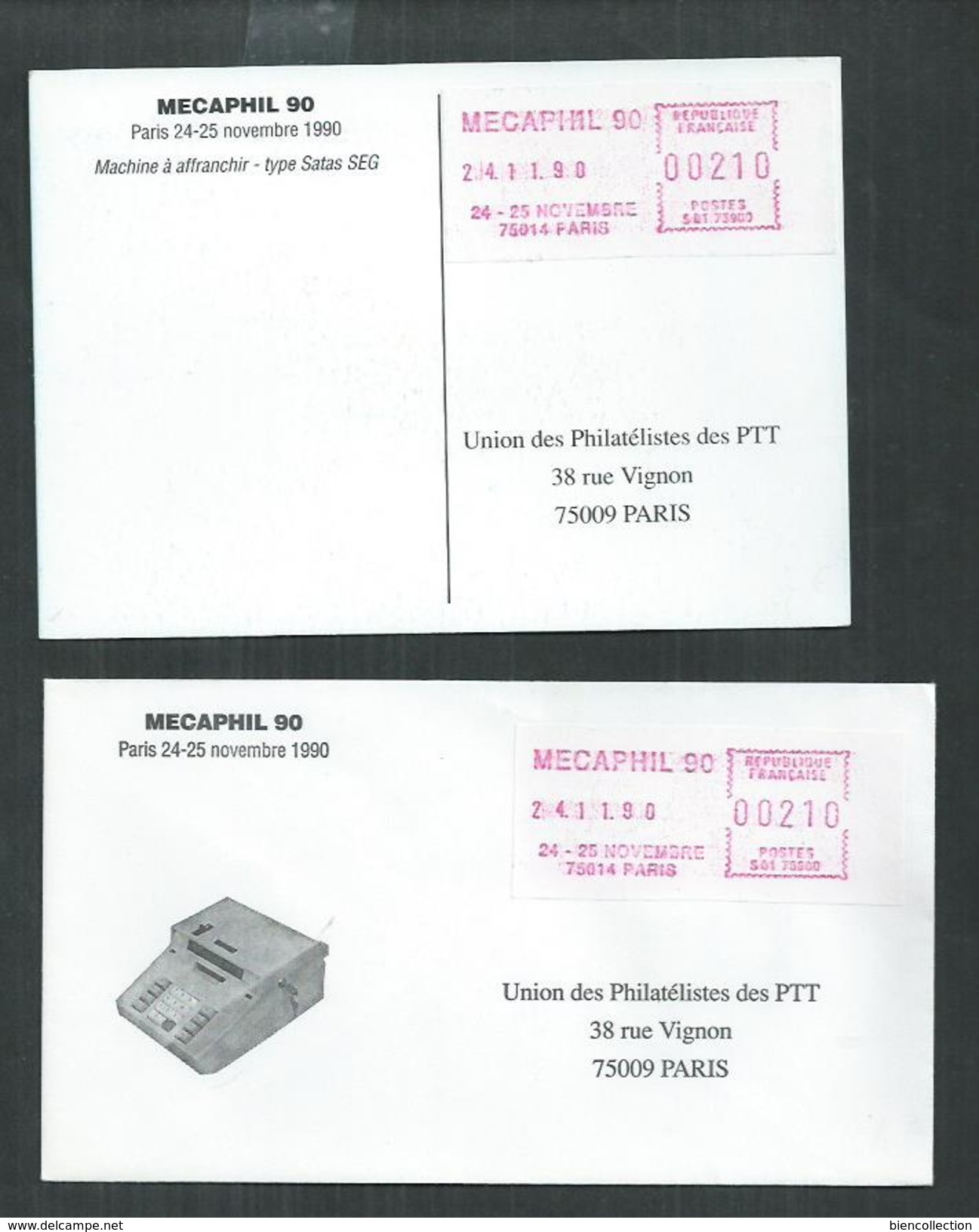 2 Vignettes D'affranchissement MECAPHIL  Sur Enveloppe Et Carte Postale - Otros & Sin Clasificación