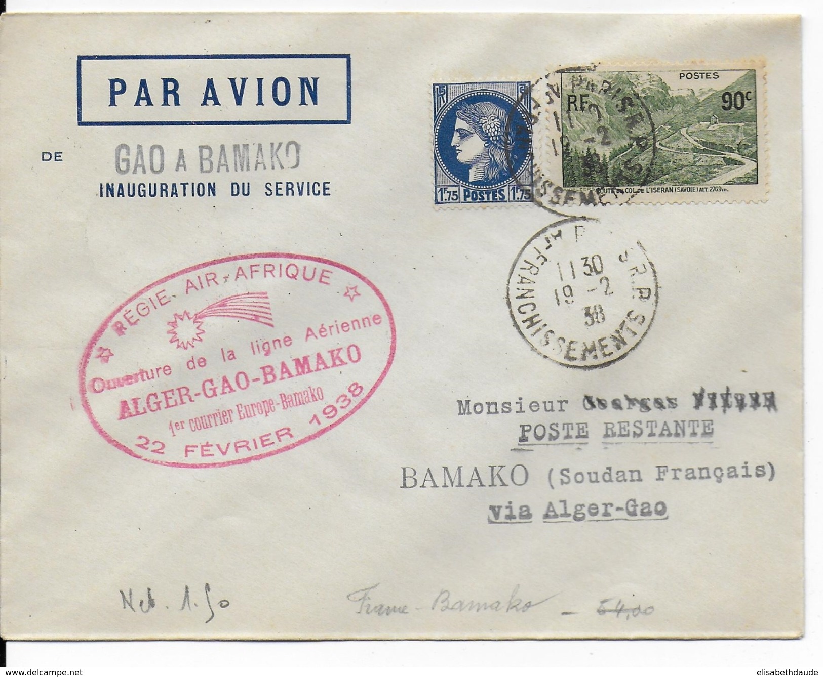 1938 - POSTE AERIENNE - ENVELOPPE 1° VOL De PARIS => BAMAKO (SOUDAN) Via ALGER Et GAO - First Flight Covers