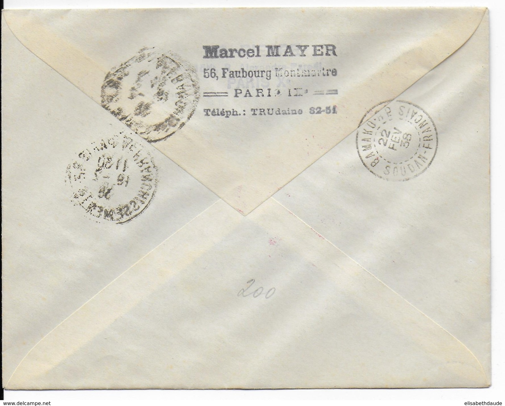 1938 - POSTE AERIENNE - ENVELOPPE 1° VOL De PARIS => BAMAKO (SOUDAN) Via ALGER Et GAO - Primi Voli