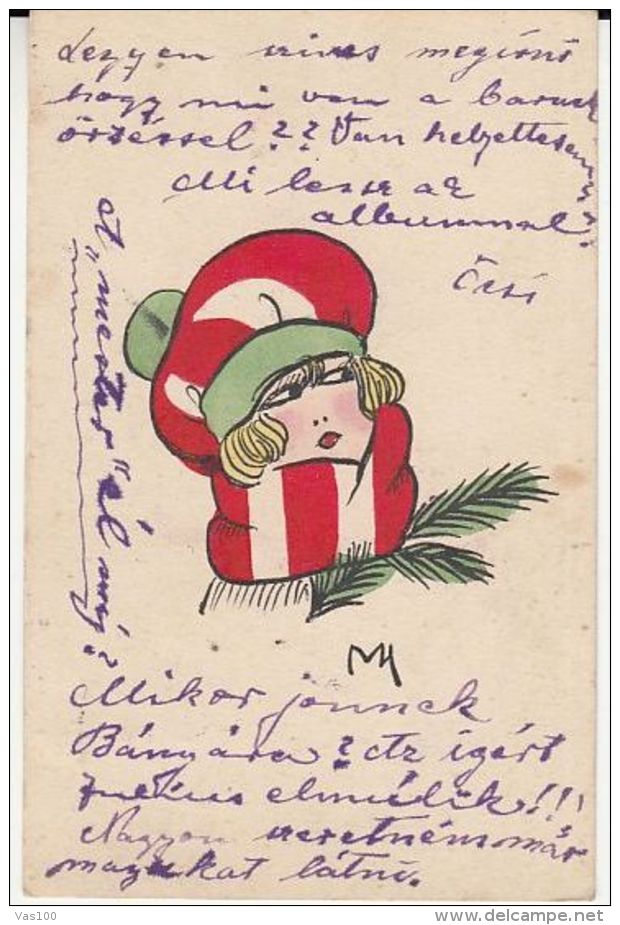 CPA ILLUSTRATIONS, M. H. WOMAN WITH HAT AND SCARF - Morin, Henri