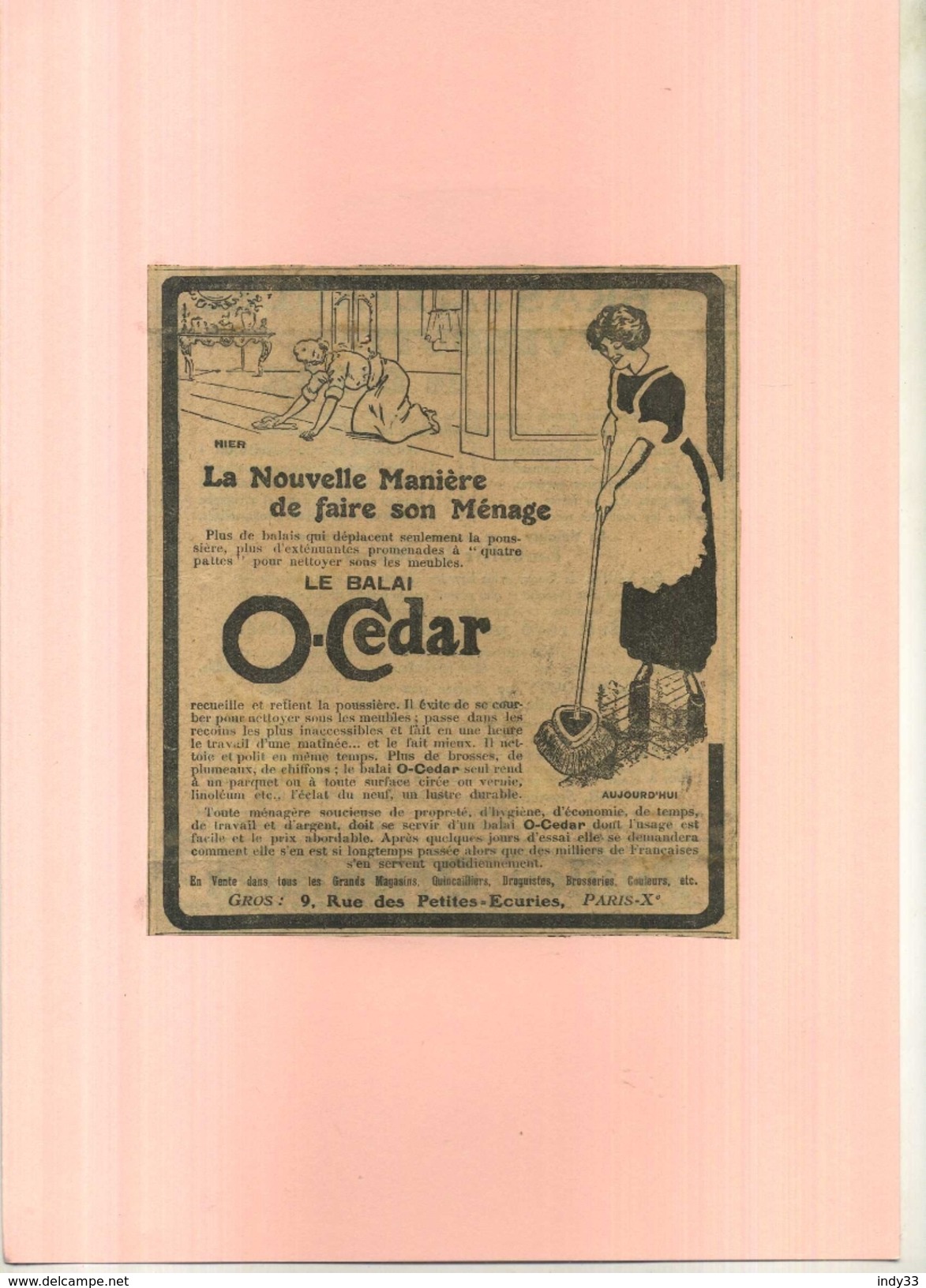 FRANCE . BALAI O-CEDAR  . PUB  DES ANNEES 1920  . DECOUPEE ET COLLEE SUR PAPIER . - Publicités