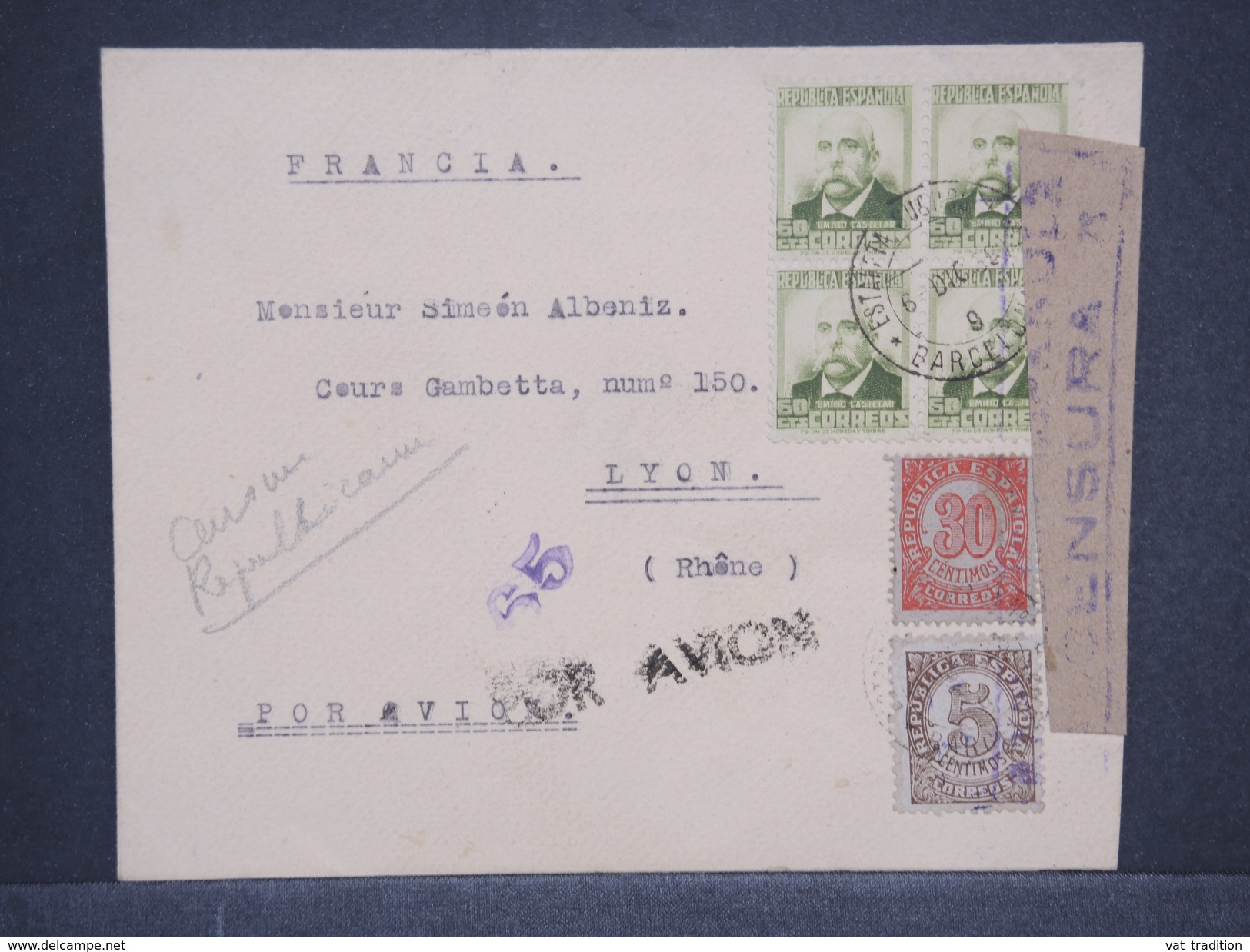 ESPAGNE - Enveloppe Par Avion Pour Lyon En 1938 Avec Censure , Affranchissement Plaisant - L 6929 - Nationalists Censor Marks