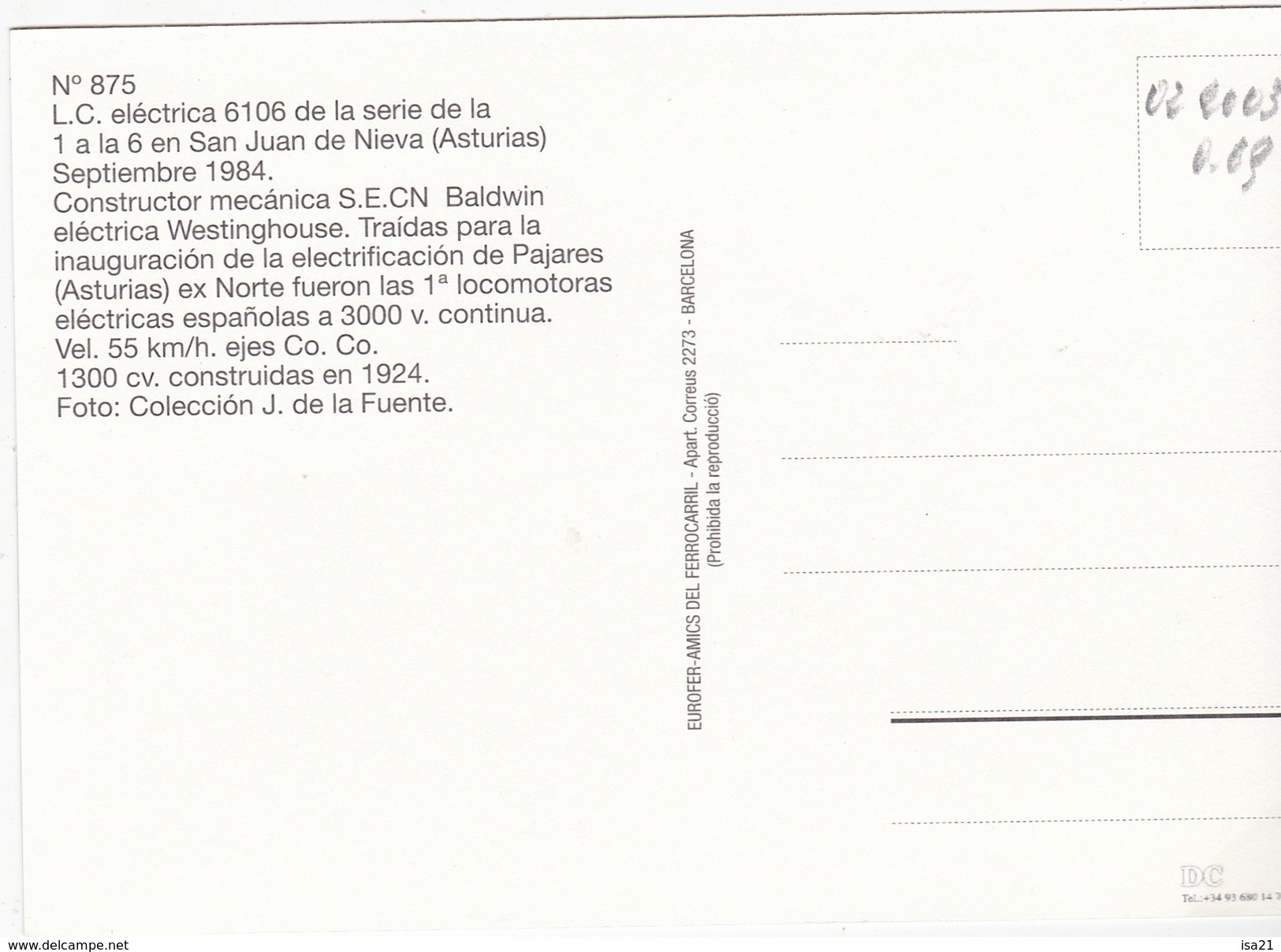 CPM L.C. Electrica 6106  EUROFER-AMICS DEL FERROCARRIL  Scans Recto Verso N° 875 - Trains
