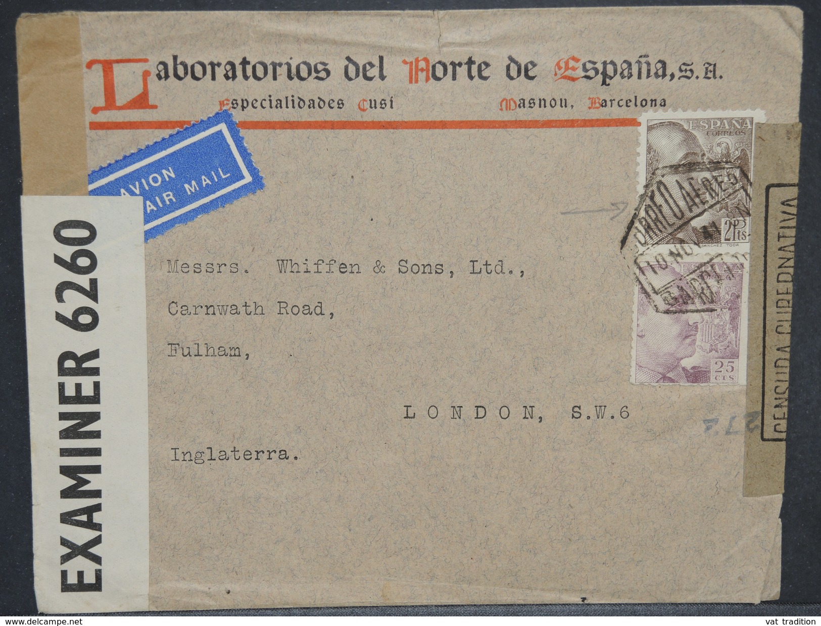 ESPAGNE - Enveloppe Commerciale Pour Londres En 1941 Avec Censure De Barcelone Et Contrôle Anglais - L 6944 - Marcas De Censura Nacional