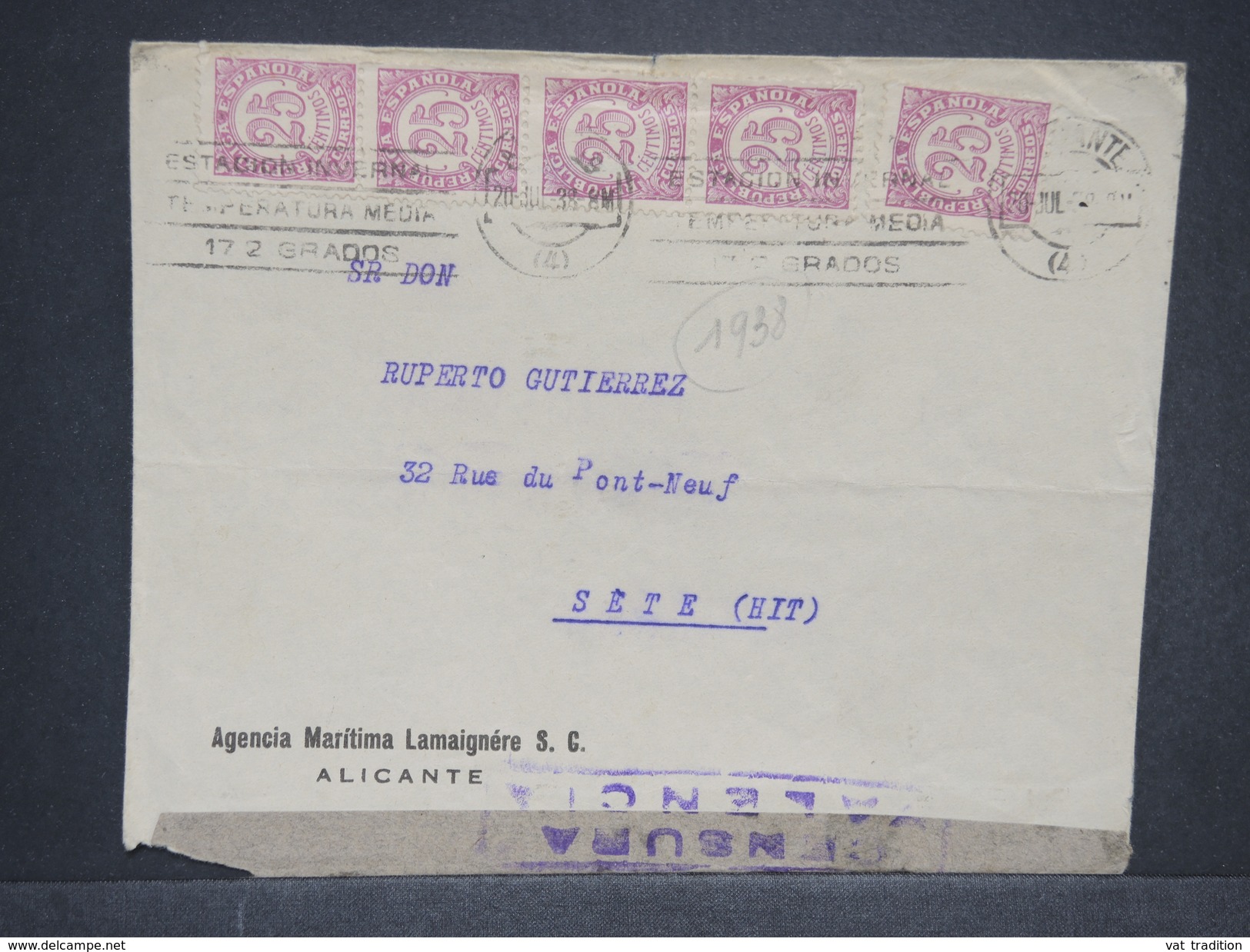 ESPAGNE - Enveloppe De Alicante Pour La France En 1938 Avec Censure De Valencia - L 6947 - Marcas De Censura Republicana