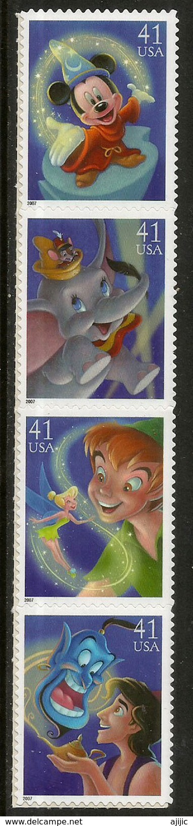 Peter Pan Et La Fée Clochette,Aladdin Et Le Génie,Dumbo & Souris Thimotée,etc 4 Timbres Neufs ** USA - Disney