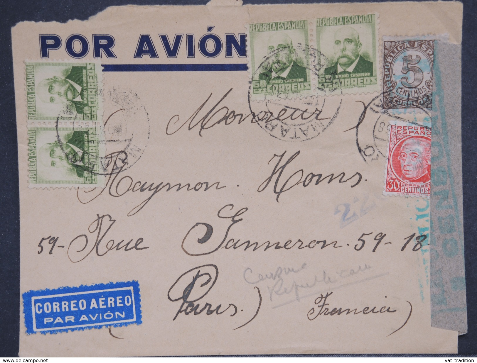 ESPAGNE - Enveloppe De Mataro Pour La France En 1938 Avec Censure De Barcelone - L 6954 - Marcas De Censura Republicana