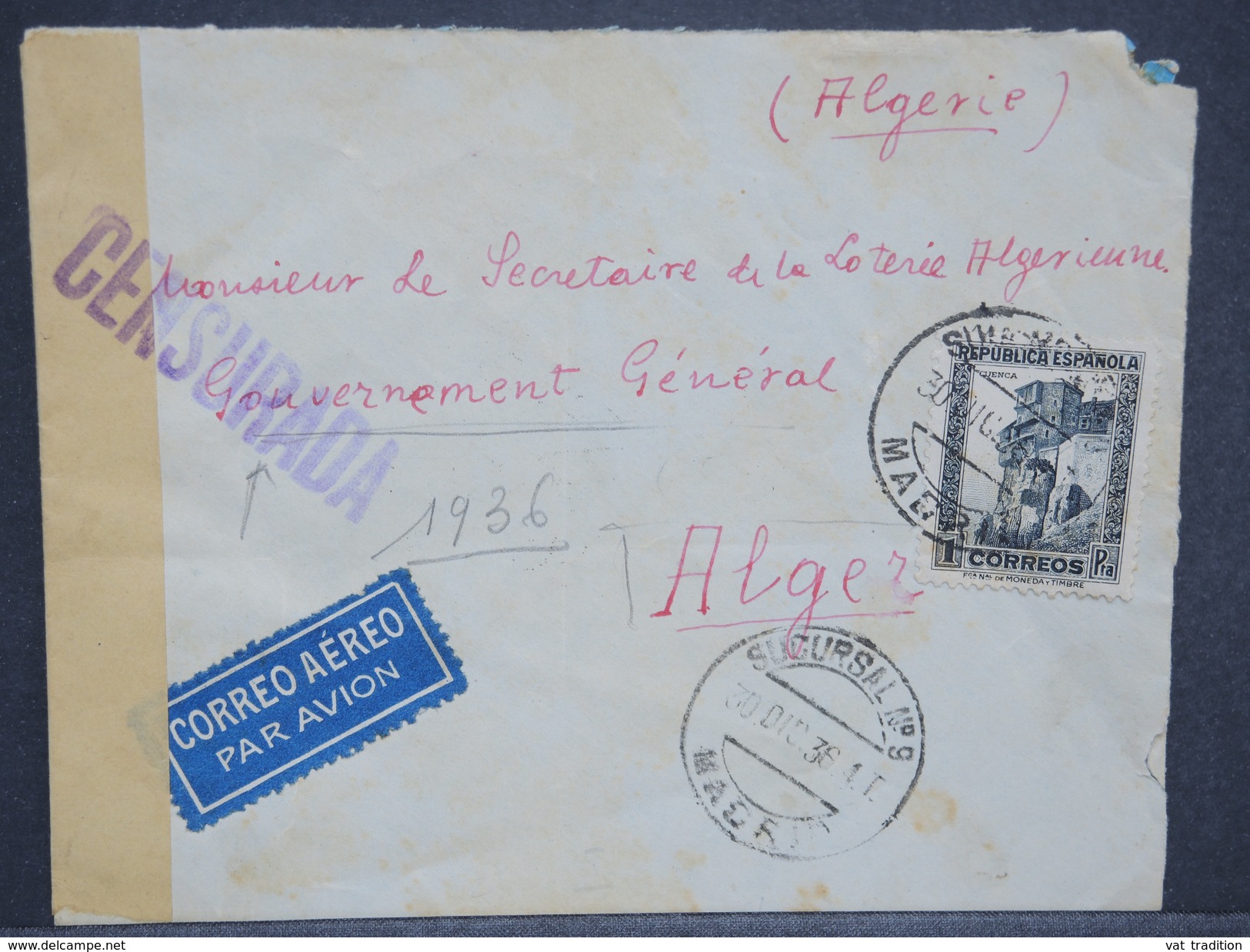 ESPAGNE - Enveloppe De Madrid Pour Alger En 1936 Avec Censure - L 6955 - Republikanische Zensur