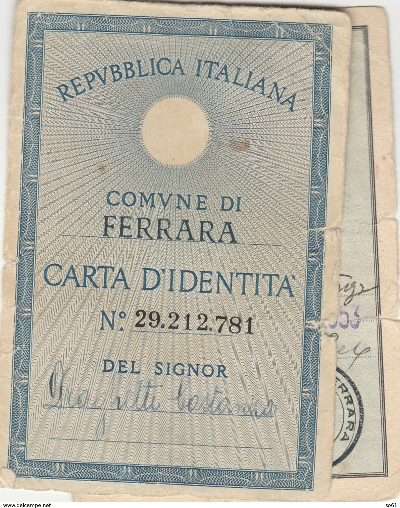 6313. Lp   Carta D' Identità  Italia 1953 Ferrara Castel Maggiore - Matériel Et Accessoires