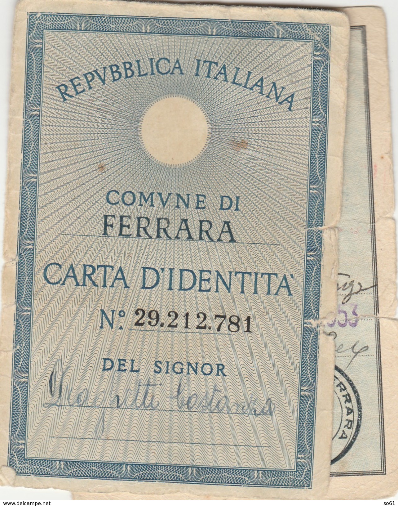 6313. Lp   Carta D' Identità  Italia 1953 Ferrara Castel Maggiore - Materiale E Accessori