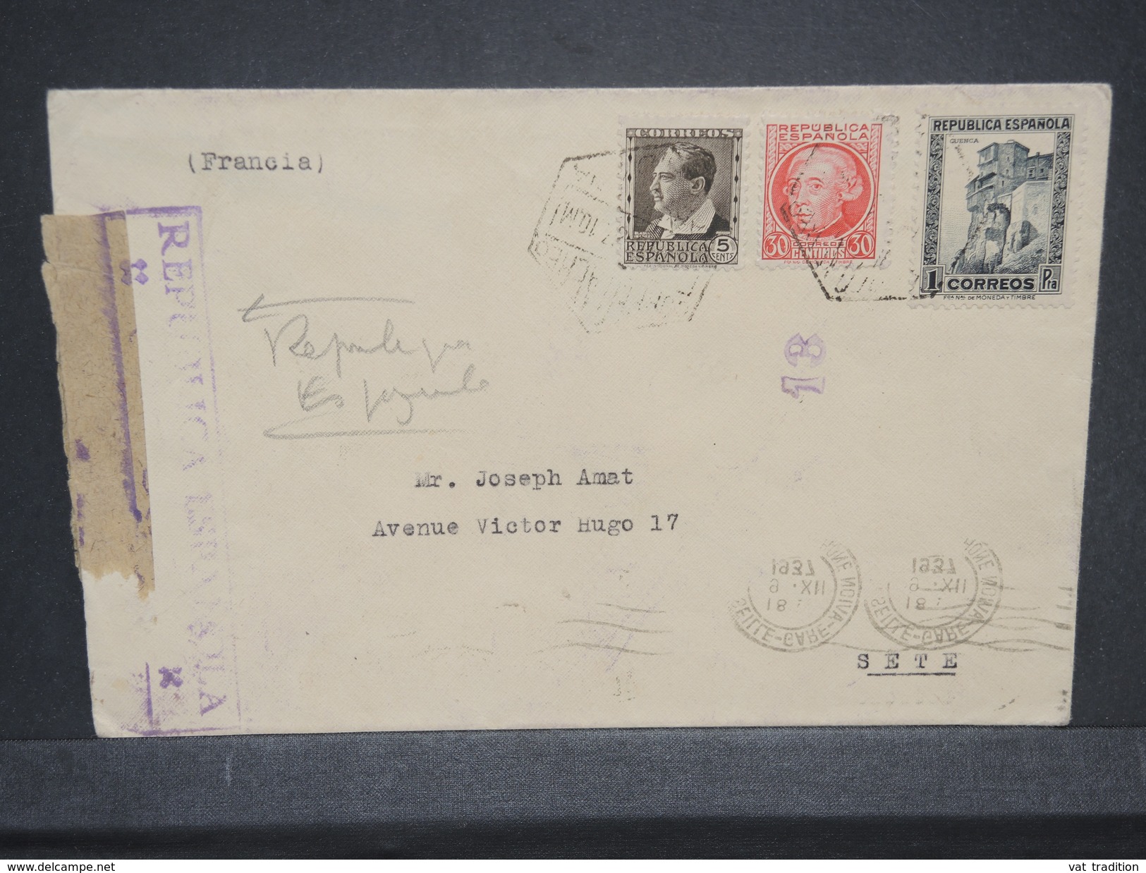 ESPAGNE - Enveloppe Pour La France En 1937 Avec Censure - L 6957 - Republicans Censor Marks