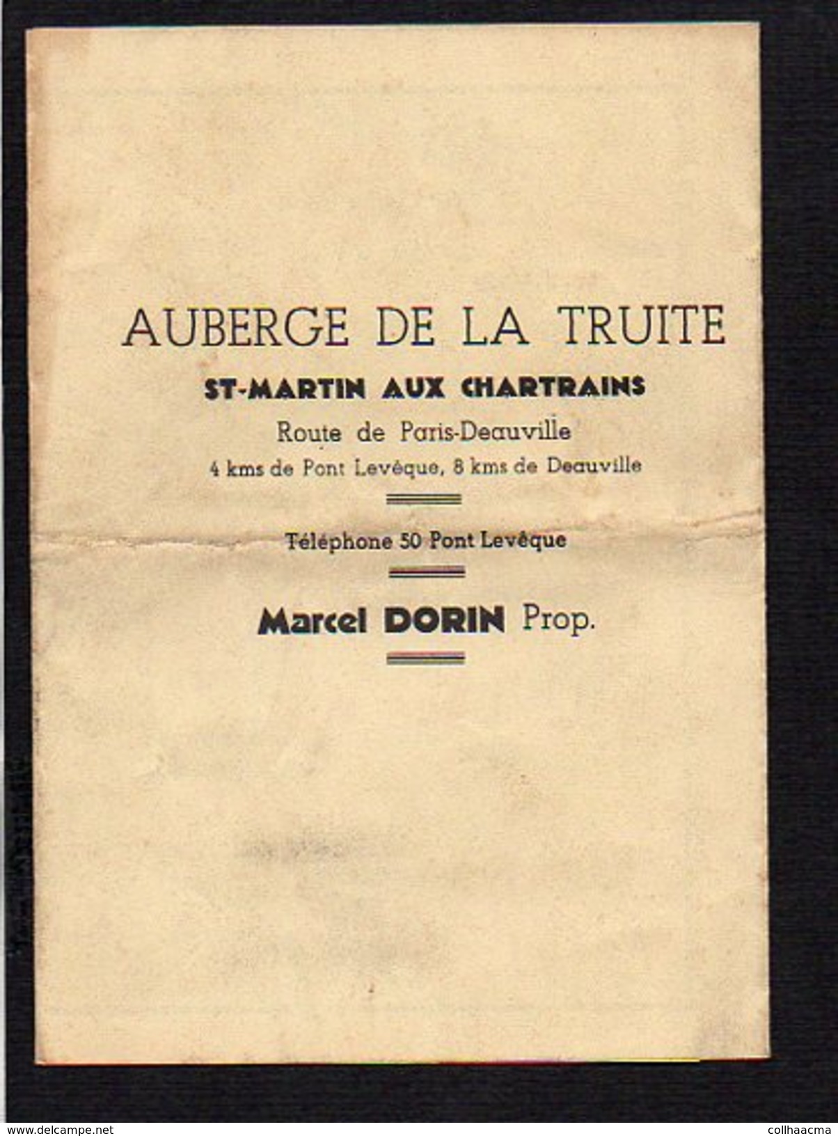 Dépliant Publicitaire "Auberge De La Truite à St Saint Martin Aux Chartrains "Marcel Dorin" Propriétaire - Publicités
