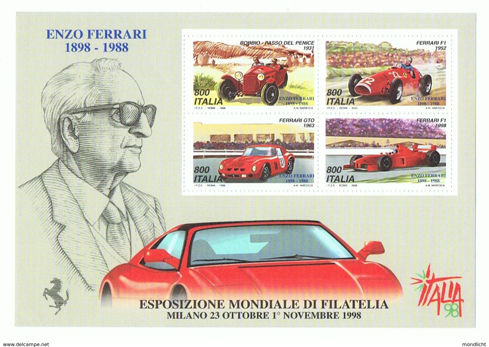 Italien, Esposizione Mondiale Di Filatelia 1998. Enzo Ferrari. - Blocks & Kleinbögen