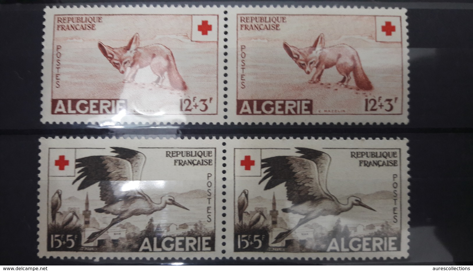 ALGERIE ALGERIA PAIR RED CROSS CROIX ROUGE FENNEC FENEC DESERT FOX FOXES BIRD BIRDS CIGOGNE YT 343 344 343/4 1957 ** MNH - Neufs