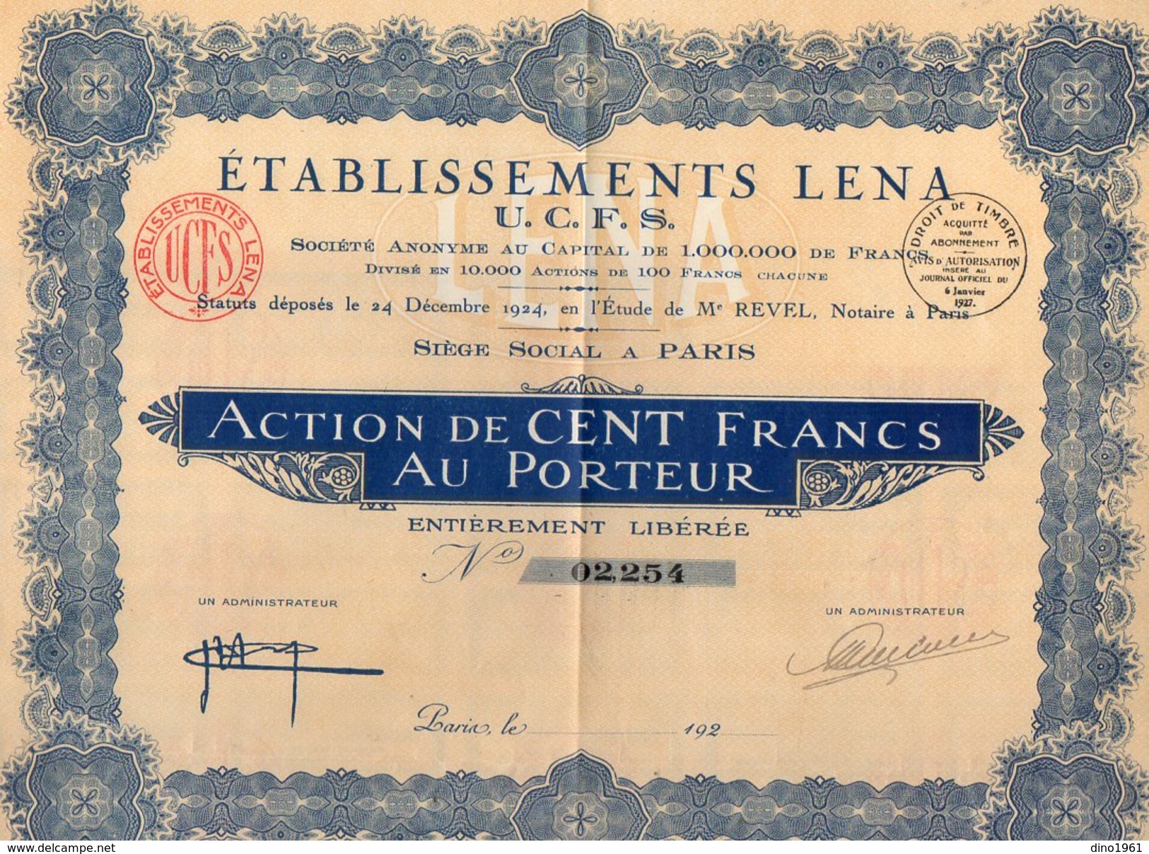 VP9748 - PARIS 1924 - Action - Etablissements LENA - U.C.F.S. - Industrie