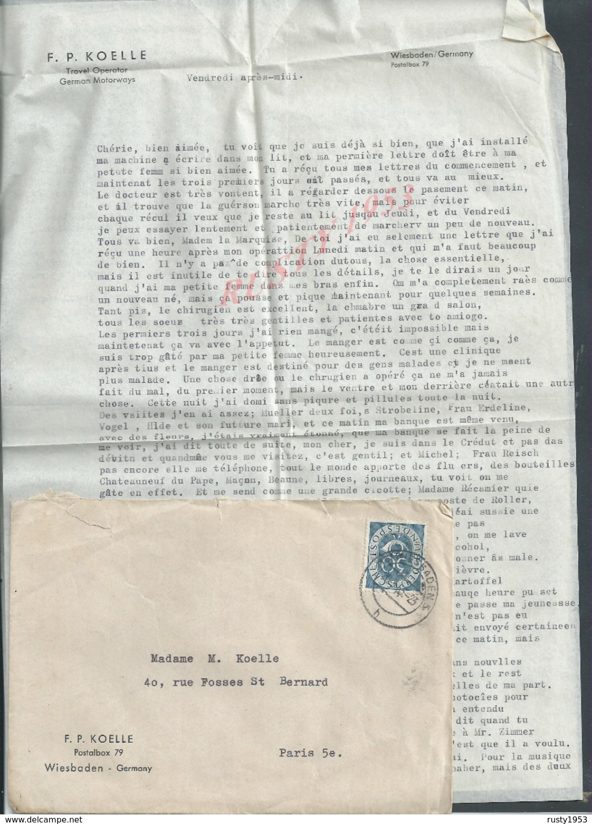 ALLEMAGNE LETTRE F.P. KOELLE OB WIESBADEN POUR PARIS 4 PAGES : - 1950 - ...