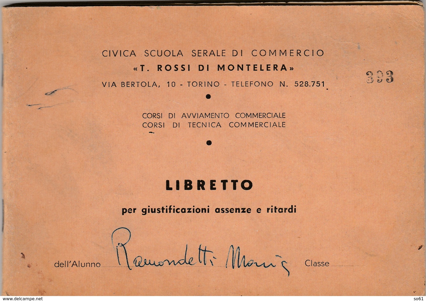 6320. Lp   Libretto Assenze Civica Scuola Serale Di Commercio T. Rossi Di Montelera Torino 1959 - Matériel Et Accessoires