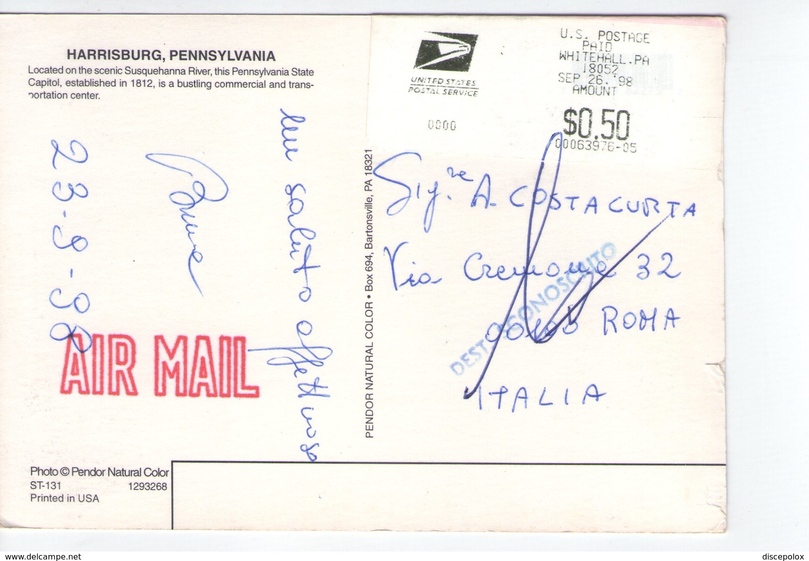 U639 Postal Adesive 1998 On Postcard: Harrisburg, Pennsylvania _ ED PHOTO PENDOR - Harrisburg