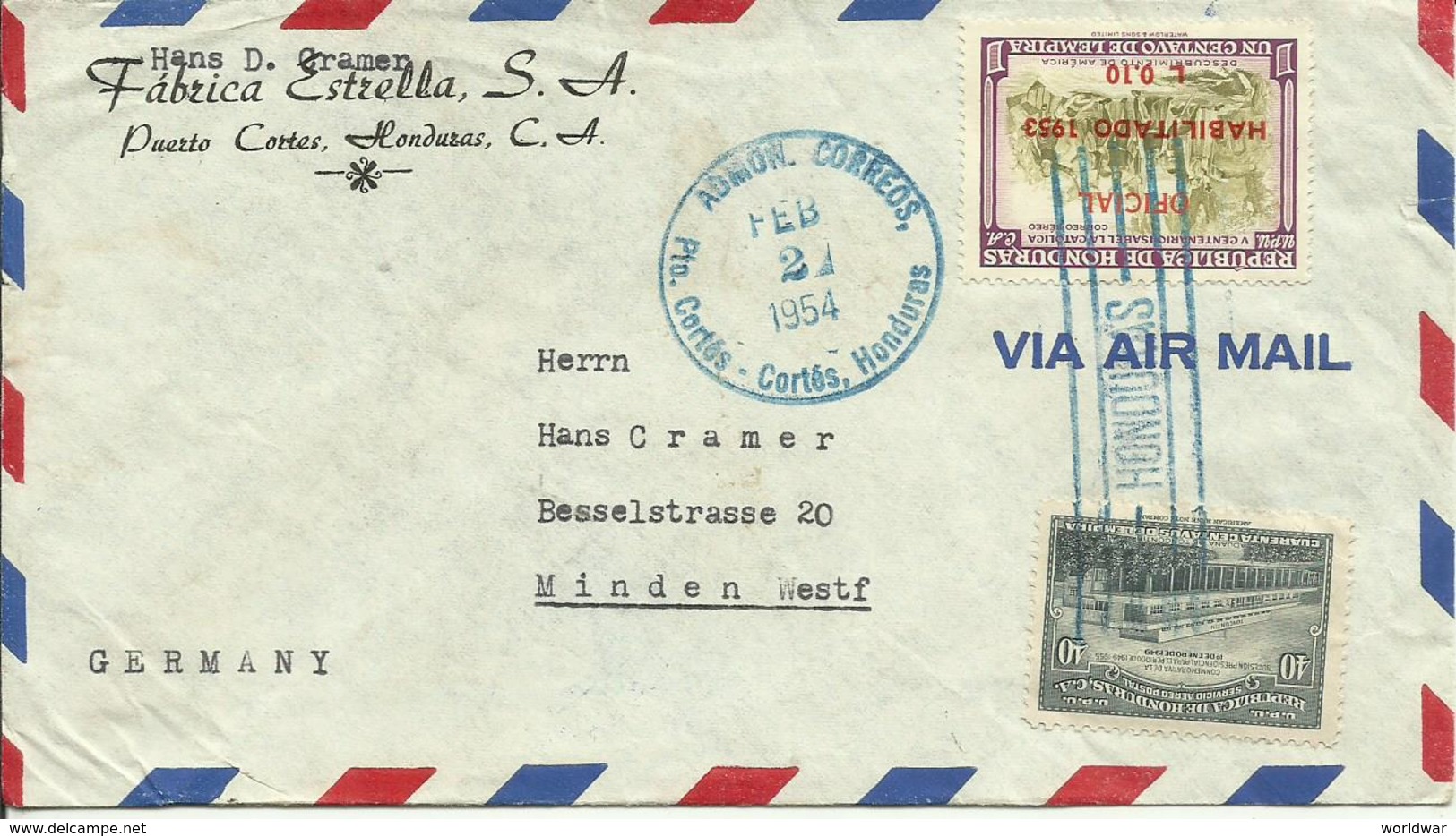 1954  Air Mail Letter From Puerto Cortes To Minden, Germany - Honduras