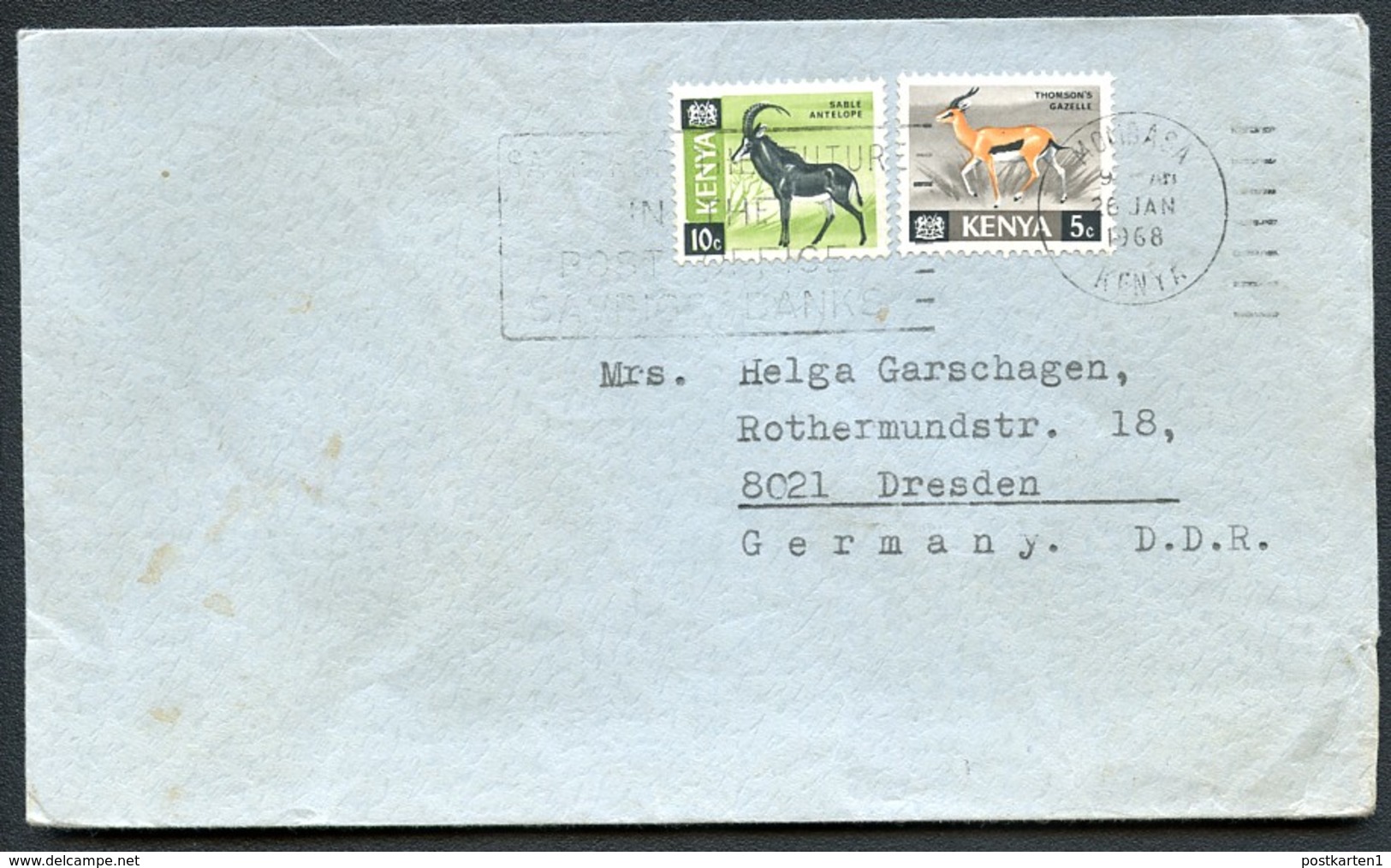 KENYA Cover ANTILOPE GAZELLE Used MOMBASA To East Germany Vf 1968 - Kenia (1963-...)