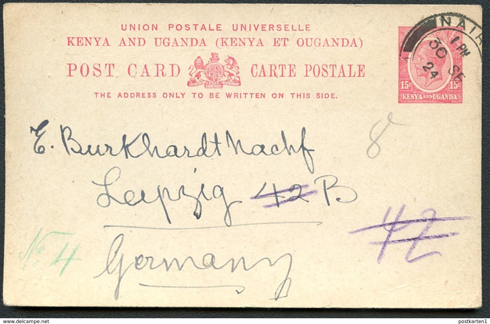 KENYA & UGANDA Postal Card #1 Used NAIROBI To Germany 1924 - Kenya & Ouganda