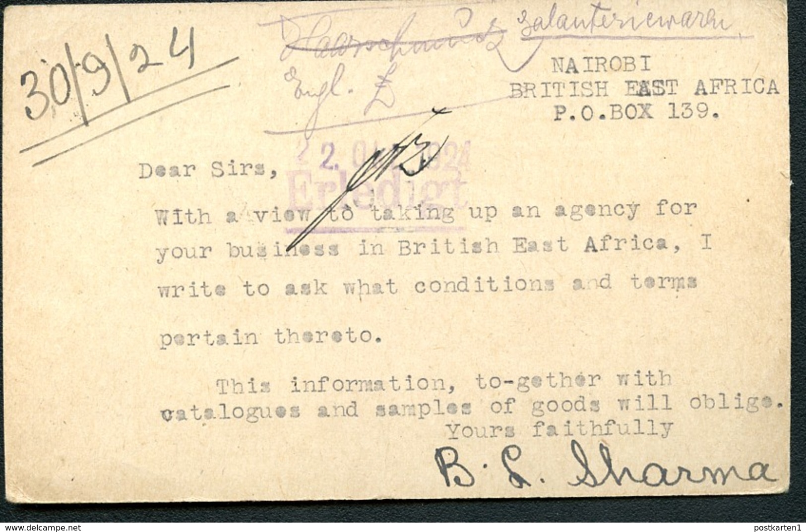 KENYA & UGANDA Postal Card #1 Used NAIROBI To Germany 1924 - Kenya & Ouganda