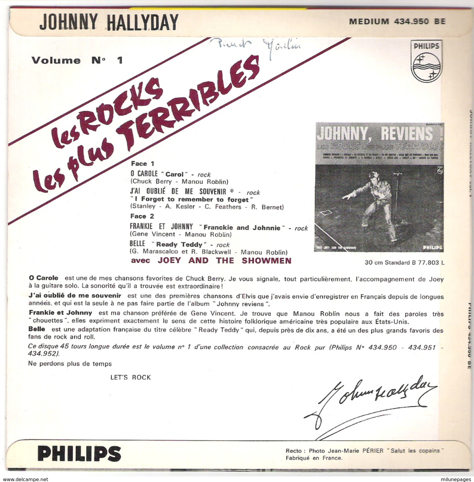 45T EP Johnny Hallyday  Les Rocks Les Plus Terribles Vol. 1 Philips 434.950 BE Parfait état - 45 Rpm - Maxi-Single