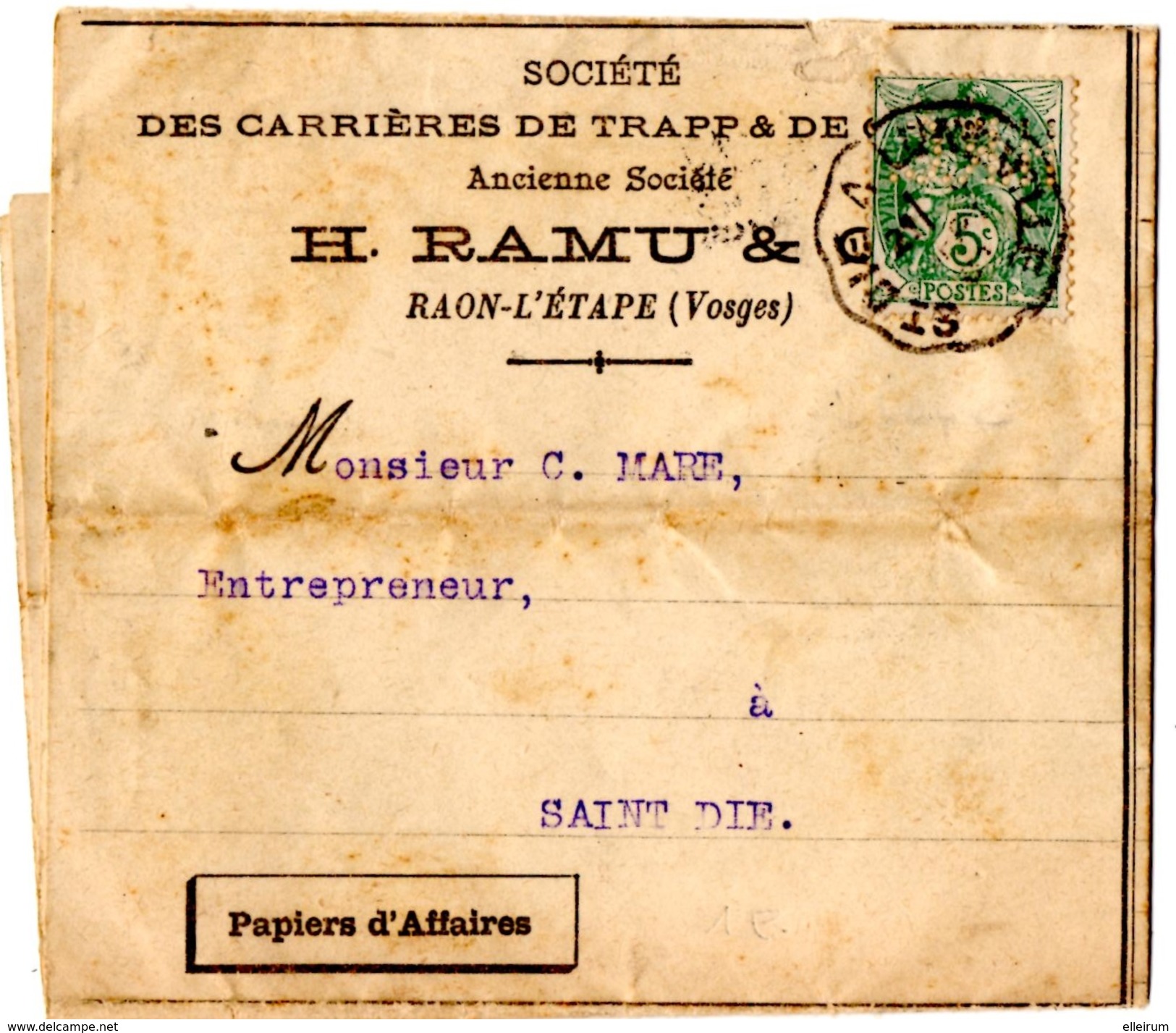 RAON-L'ETAPE (88) PAPIERS D'AFFAIRES. SOCIETE Des CARRIERES De TRAPP 1907.  AMBULANT " ST-DIE à LUNEVILLE "sur BLANC. - Sonstige & Ohne Zuordnung