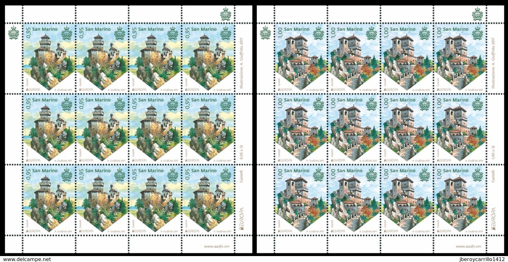 SAN MARINO - EUROPA-CEPT 2017.-TEMA:"CASTILLOS -CASTLES -CHATEAUX  - SCHLÖSSER".- SET Of 2 In TWO SHEETLETS Of 12 STAMPS - 2017