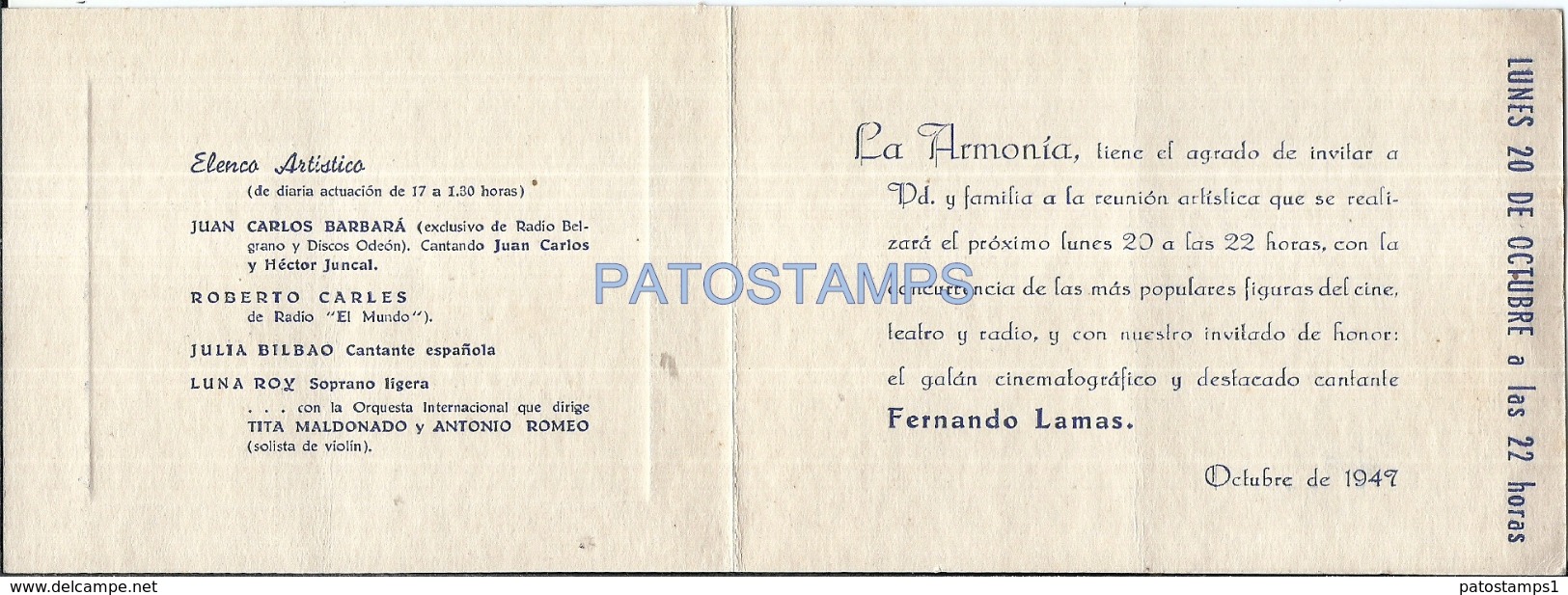 70187 ARGENTINA BS AS CONFITERIA LA ARMONIA INVITADO FERNANDO LAMAS & AUTOGRAFO JUAN CARLOS BARABARA  MENU NO POSTCARD - Menus