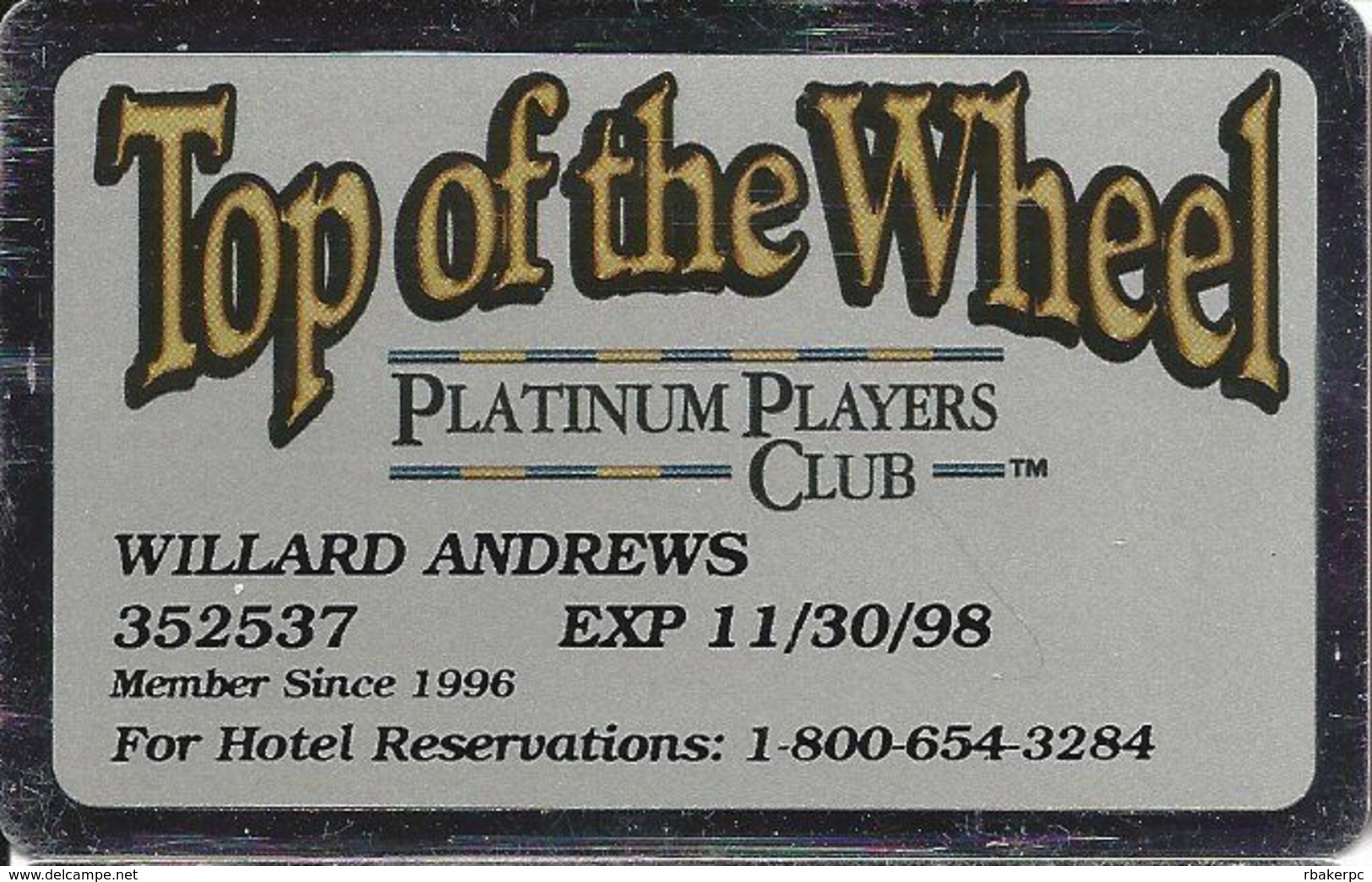 Harvey's Casino - Lake Tahoe, NV - Top Of The Wheel Platinum Players Club Slot Card - Casino Cards